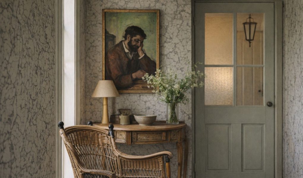 En romantisk vintageinteriör med korgstol och antik tavla.