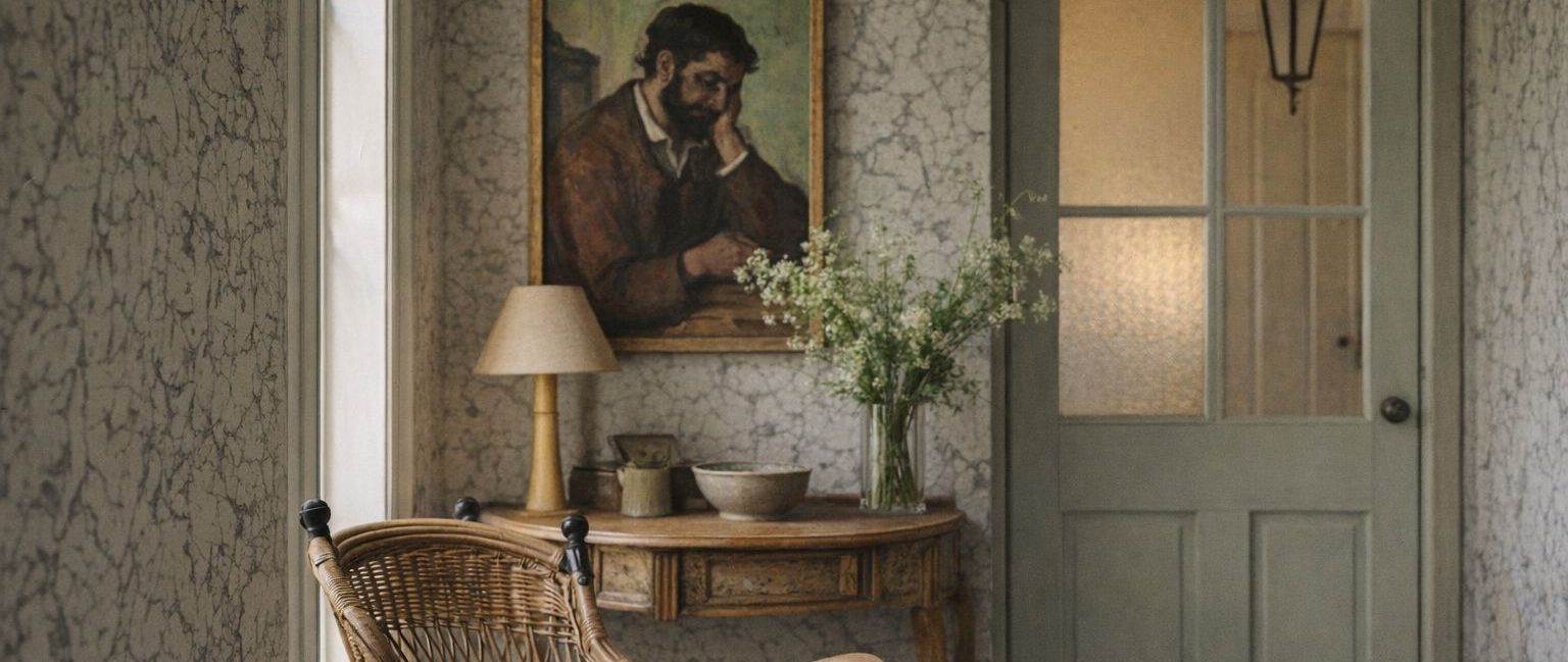 En romantisk vintageinteriör med korgstol och antik tavla.