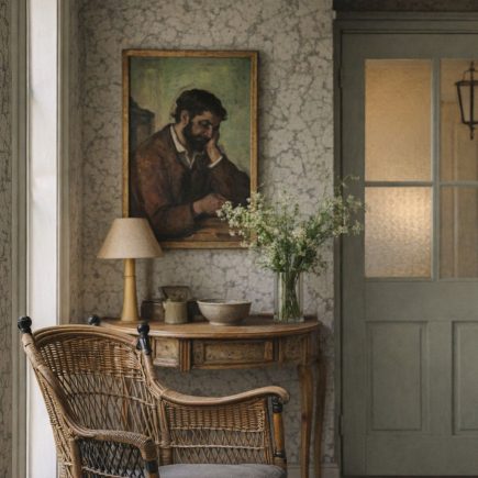 En romantisk vintageinteriör med korgstol och antik tavla.